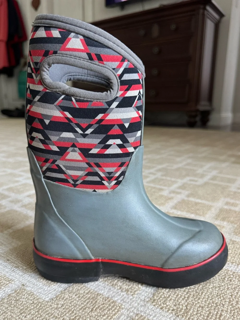 BOGS Classic II Mid Geometric Waterproof Insulated Boots Gray Red Kids 13